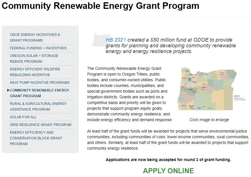 Oregon Renewable Energy and Energy Resilience Grants